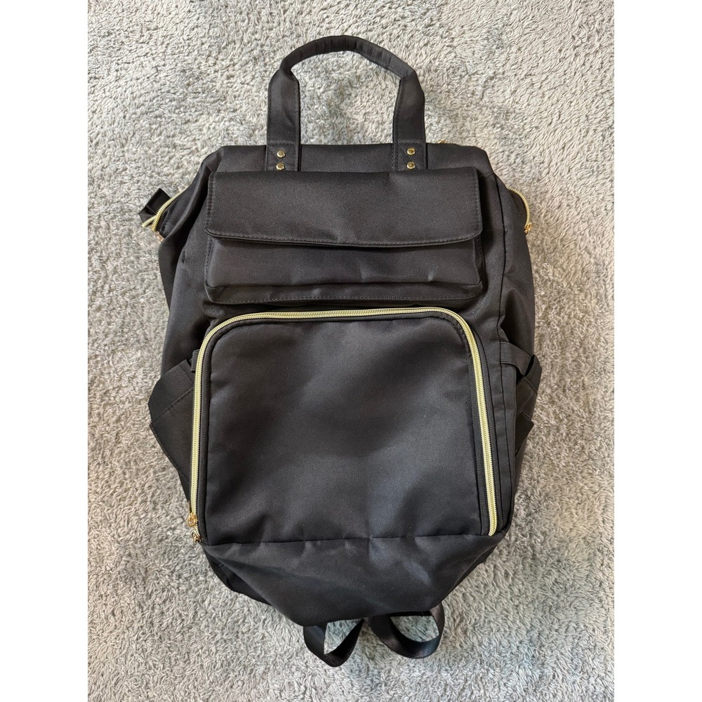 Black Nylon Diaper Bag Backpack Gold Hardware Multi-Pocket